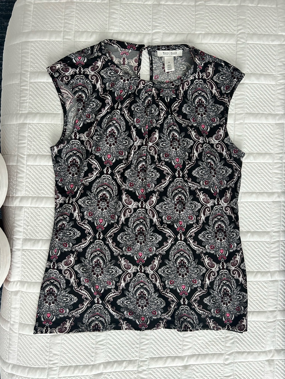 Black Paisley Print Top with Pink Accents